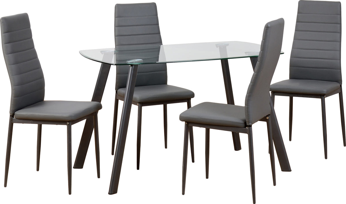 ABBEY DINING SET - CLEAR GLASS/GREY/GREY FAUX LEATHER