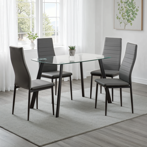 ABBEY DINING SET - CLEAR GLASS/GREY/GREY FAUX LEATHER